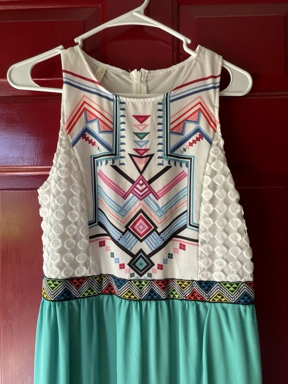 Oasis White Halter Dress with Teal & Coral Geometric Print